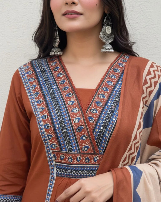 Orange Cotton Kurti Pant Dupatta Set