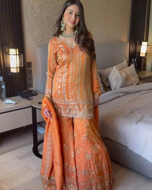 Orange Sharara Suit Set Party Wear