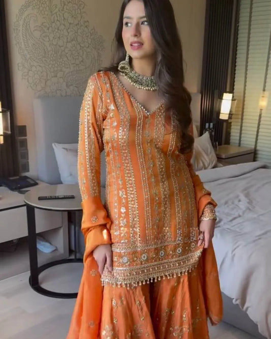 Orange Sharara Suit Set Party Wear