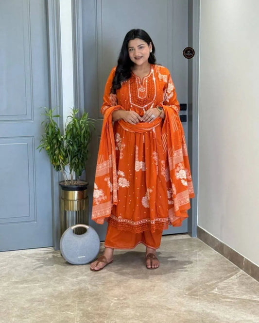 Orange Floral Print Anarkali Suit Set
