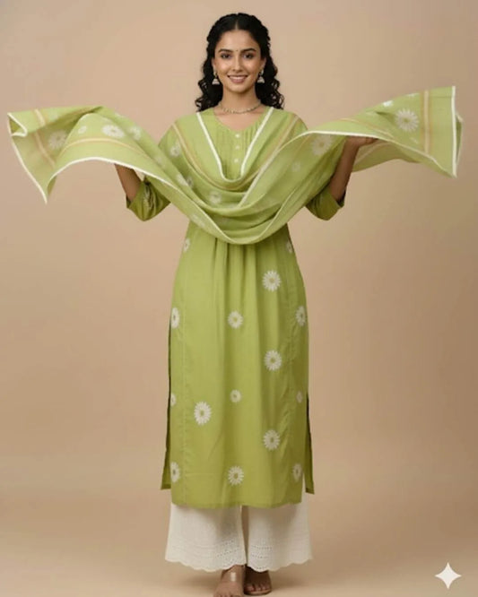 Green Colour Kurti Pant Dupatta Set