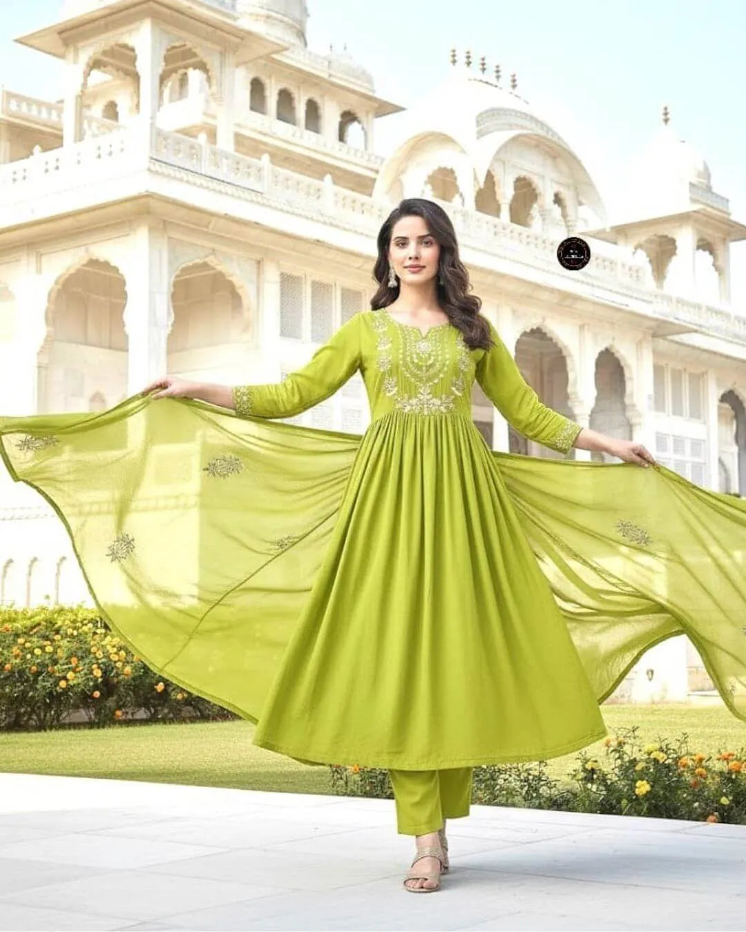 Parrot Green Cotton Anarkali Suit Set with Sequence Work
