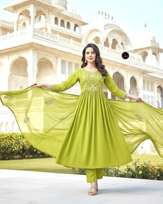 Parrot Green Cotton Anarkali Suit Set with Sequence Work
