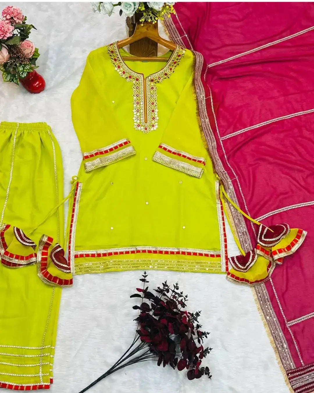 Parrot Green Sharara Suit Party Wear Set