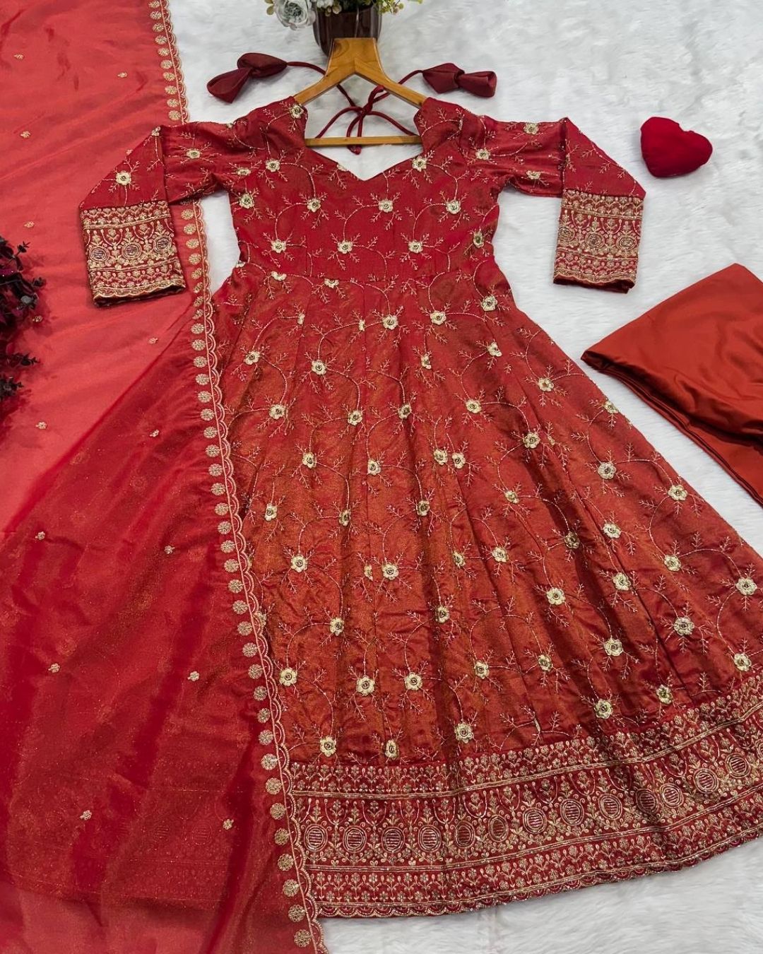 Party Wear Rust-Red Cosmos Anarkali Suit Set With Dupatta - real