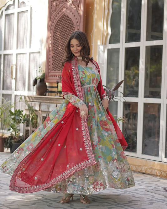 Party Wear Silk Anarkali Suit Set with Dupatta