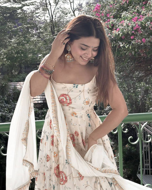 Party Wear Off White Sleeveless Anarkali Suit Set with Matching Dupatta