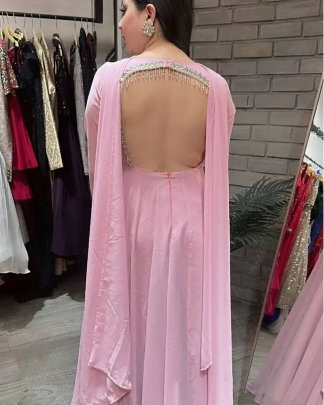 Hot Pink Colour Anarkali Suit Set With Dupatta Back Design