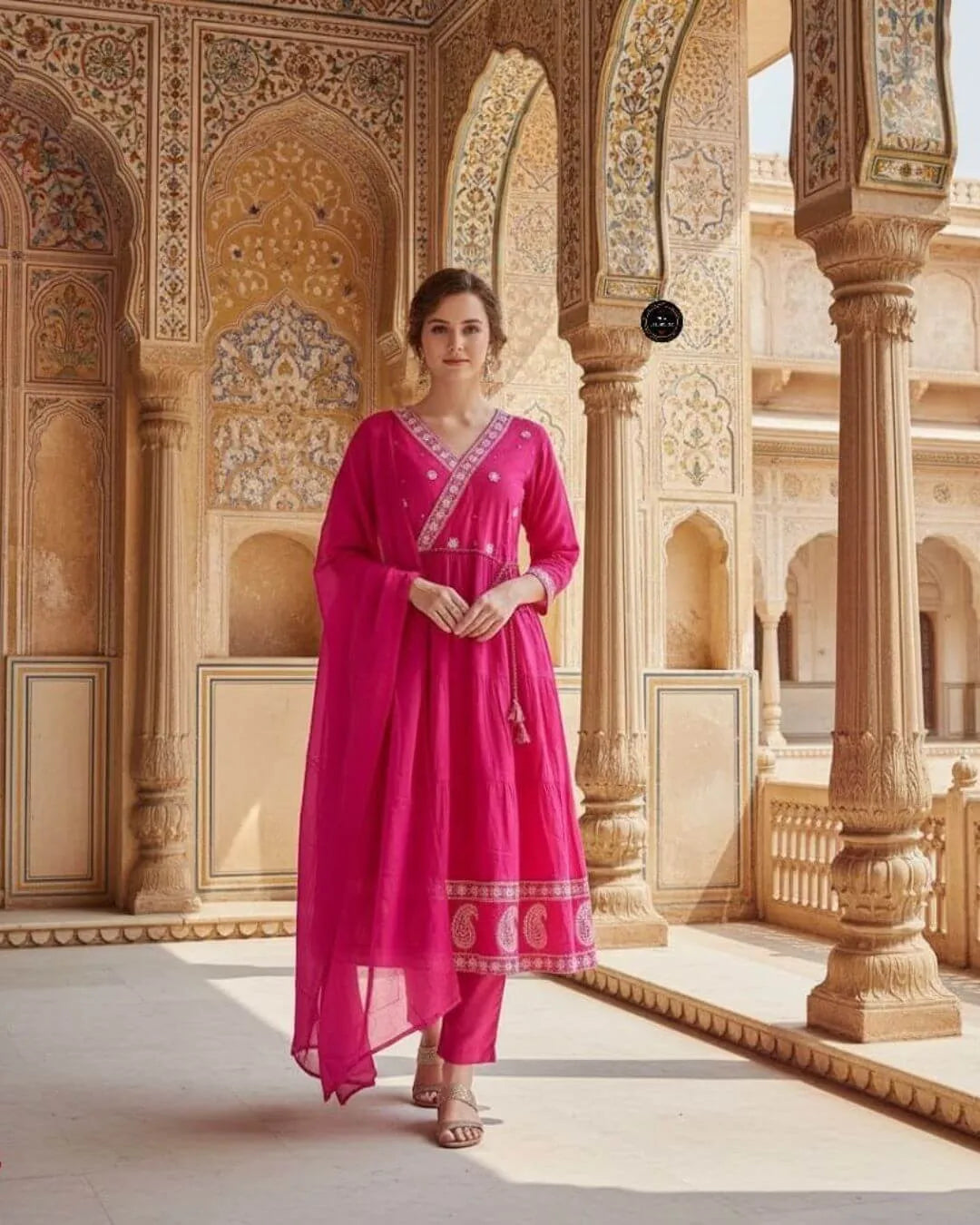 Teal Cotton Embroidered Flared Kurti Suit Set