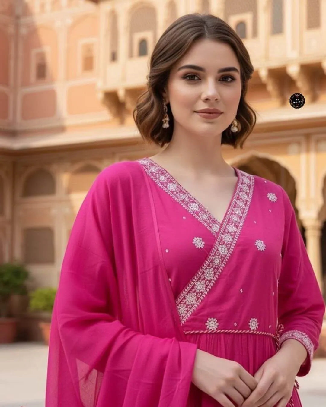 Pink Anarkali Cotton Suit Set With Dupatta