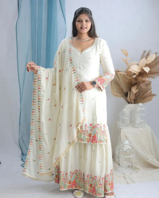 Chinon Silk White Sharara Suit Set with Dupatta