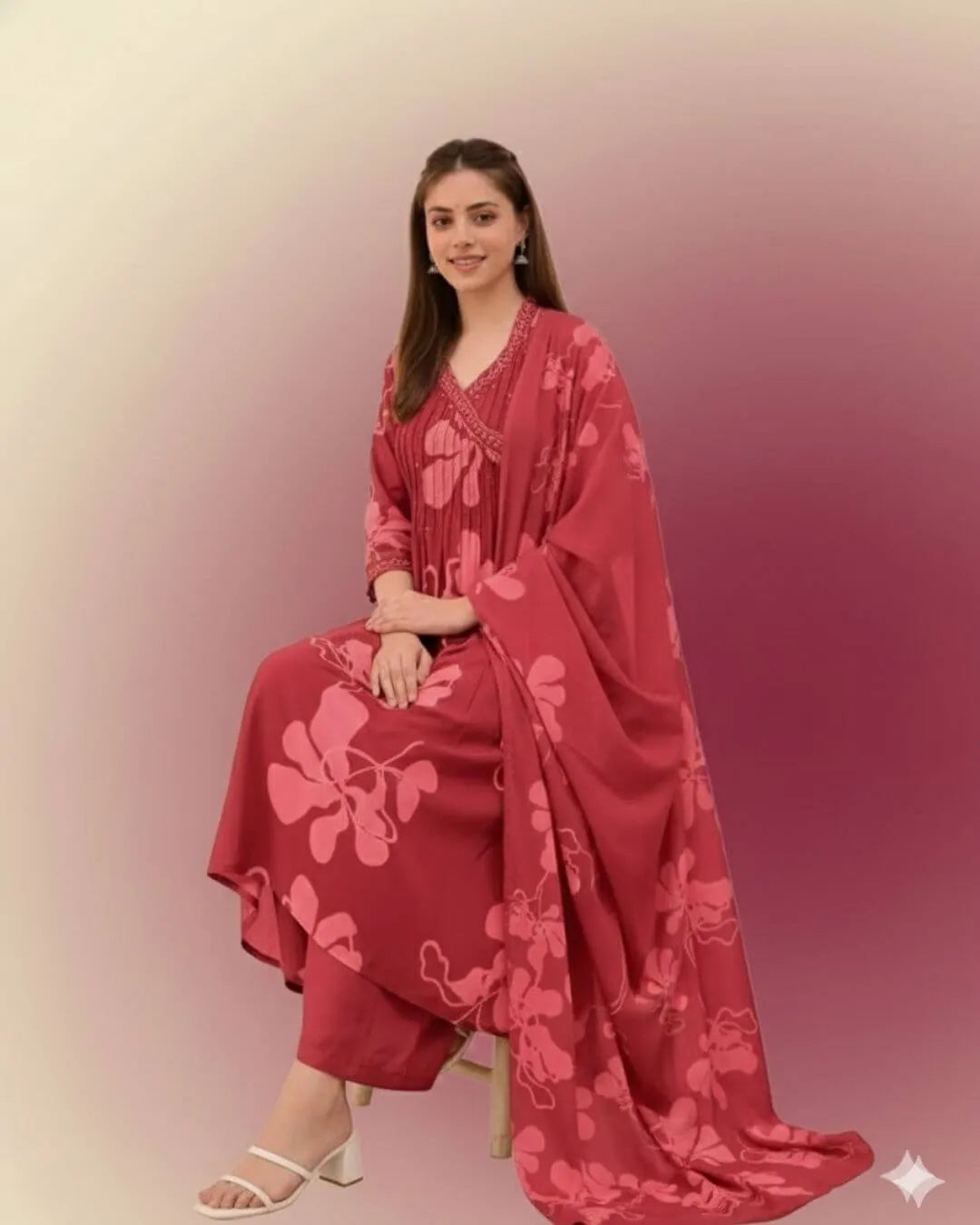 Woman wearing a Printed Cotton Anarkali Suit With Dupatta against a gradient background