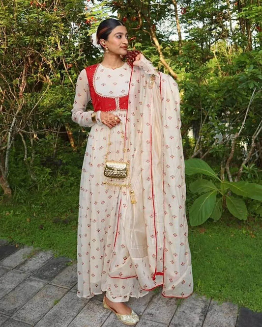 White Georgette Anarkali Dress Suit Set