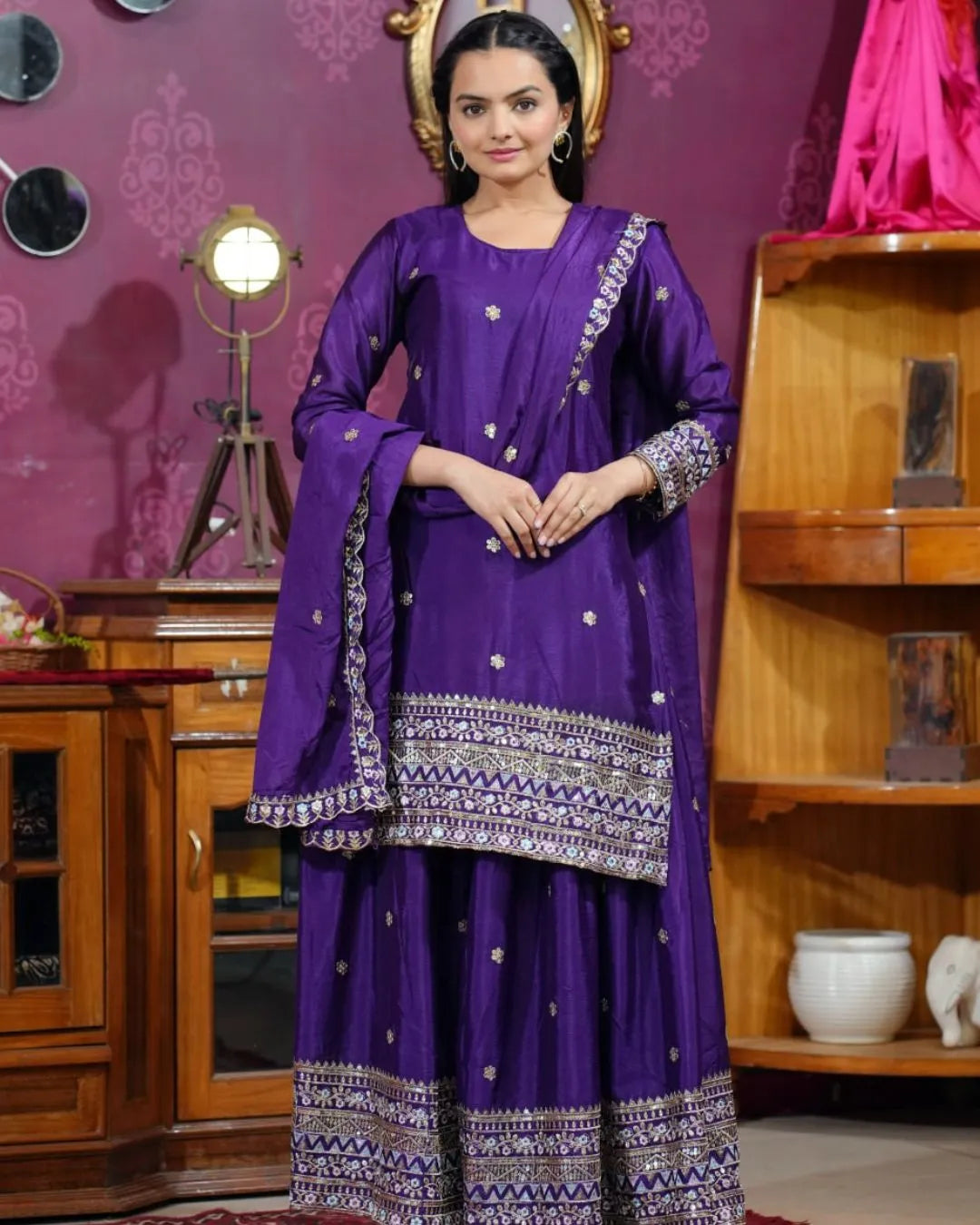 Purple Colour Sharara Suit Set Party Wear