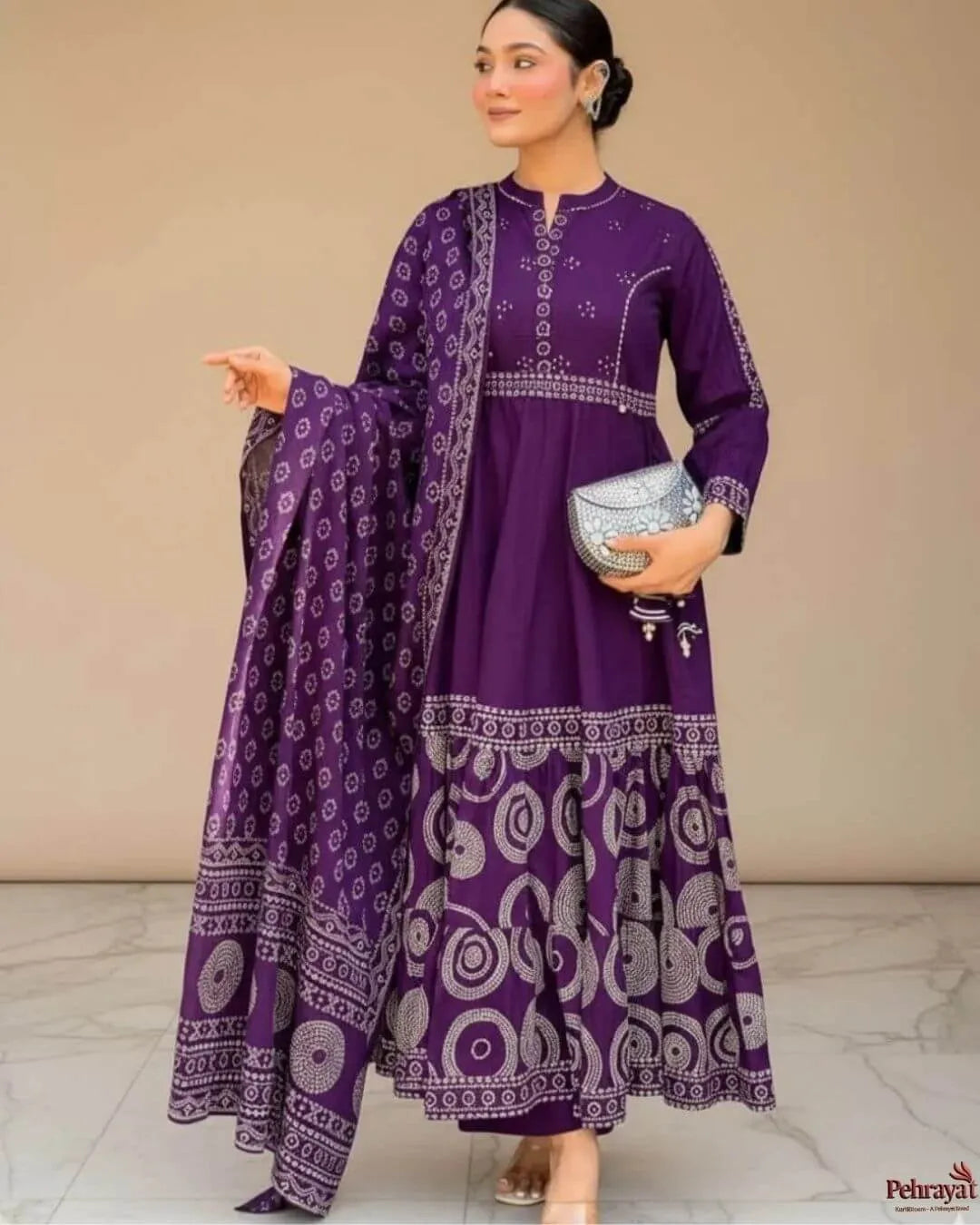 Purple Cotton Anarkali Salwar Suit Set