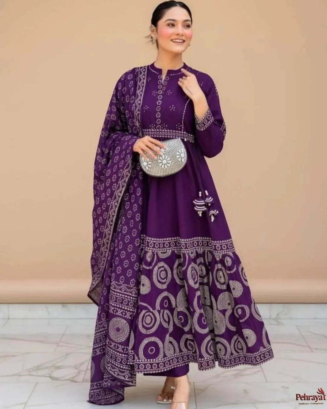 Purple Cotton Anarkali Salwar Suit Set