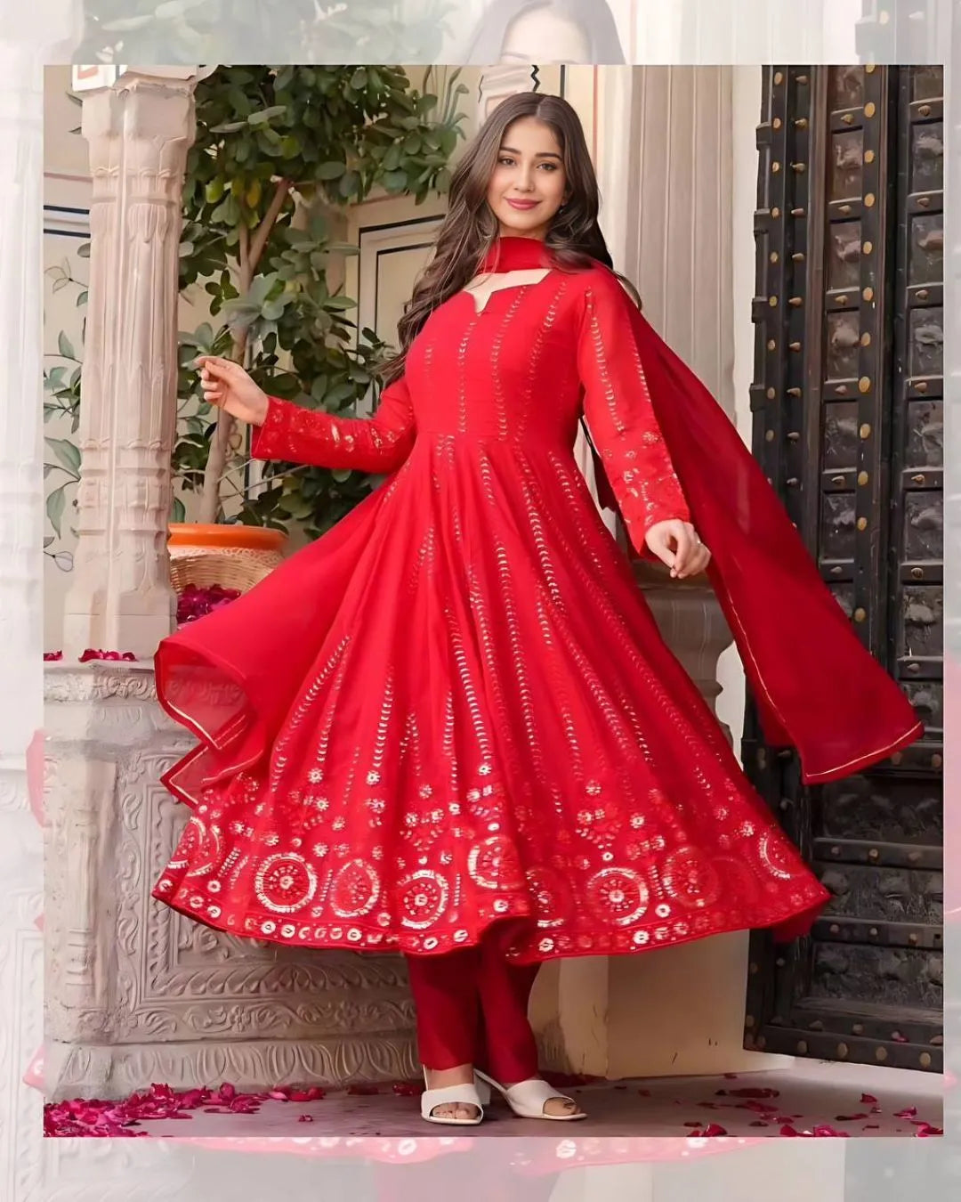 Red Colour Party Wear Anarkali Suit with Embroidery & Dupatta