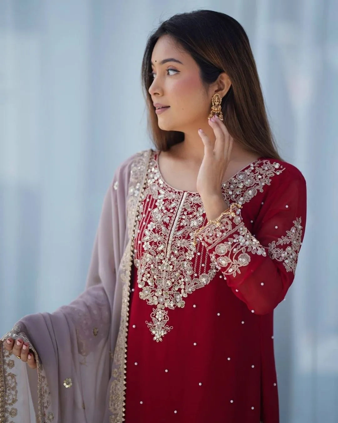 Red Georgette Sharara Suit Set with Dupatta Front