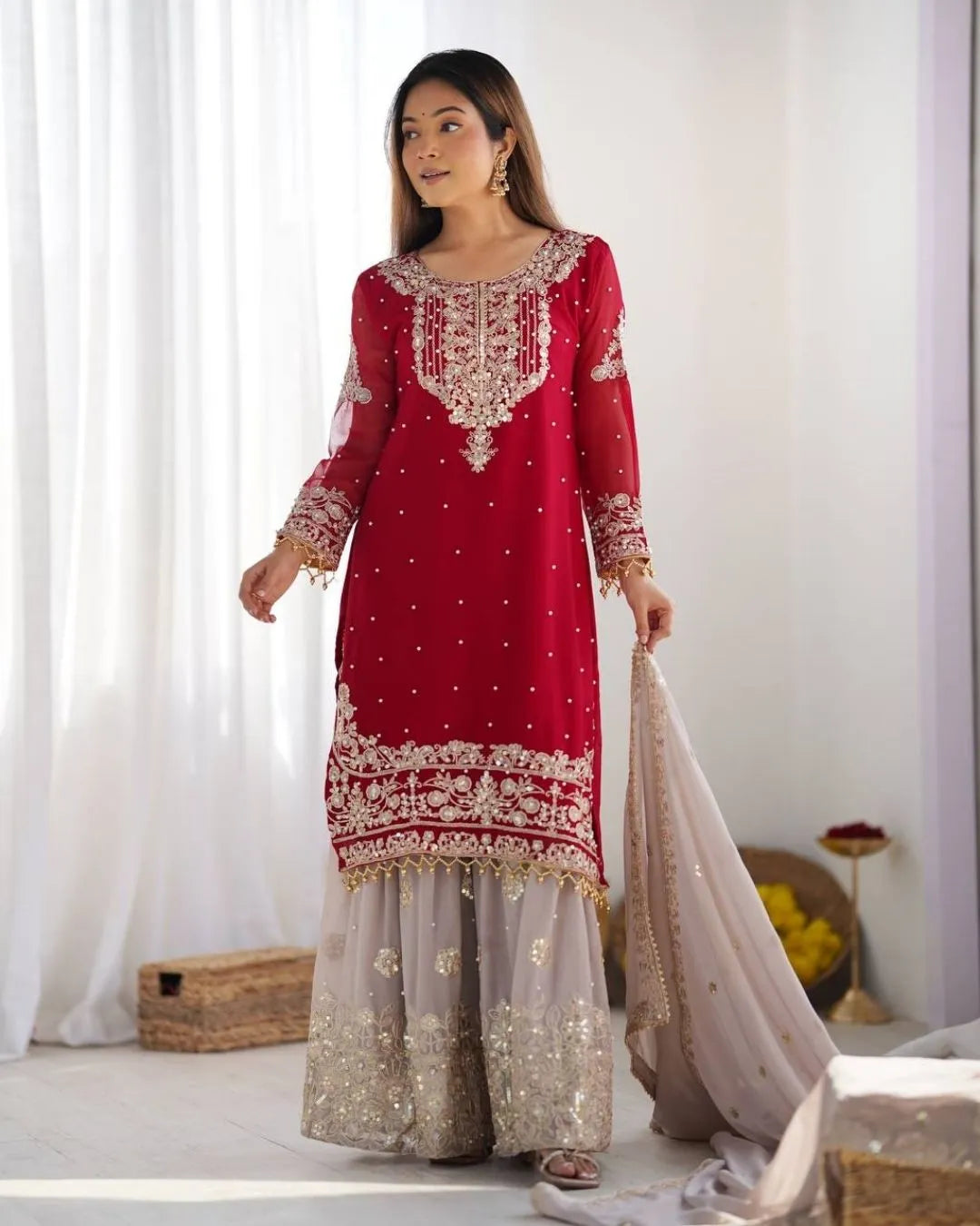 Red Georgette Sharara Suit Set with Dupatta