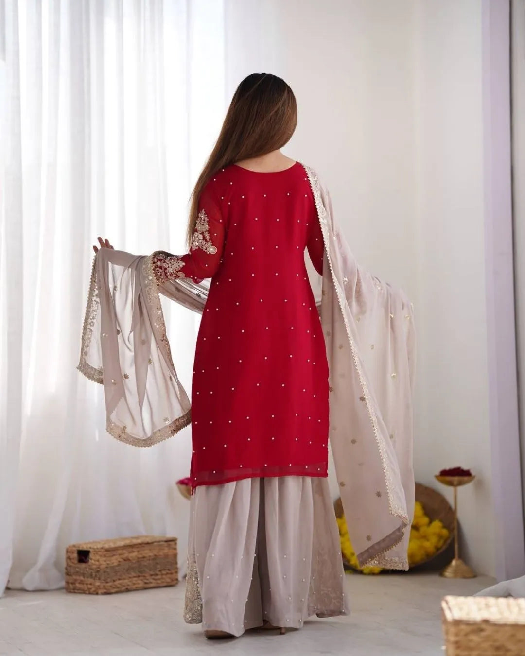 Red Georgette Sharara Suit Set with Dupatta Back