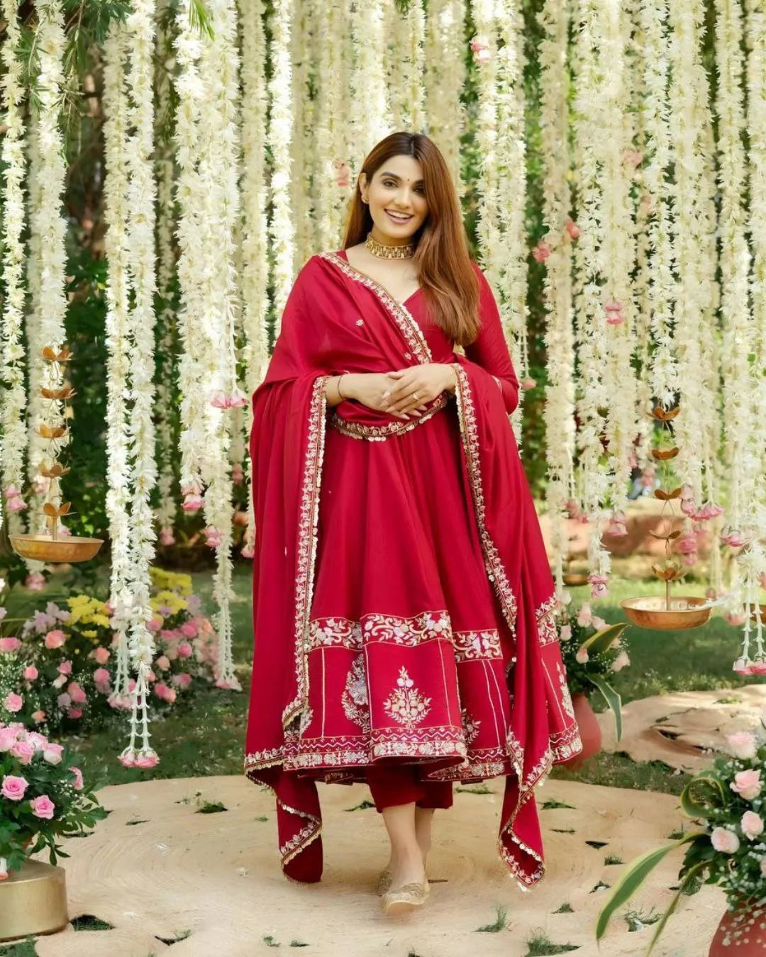 Red Roman Silk Anarkali Suit for Wedding & Party Wear