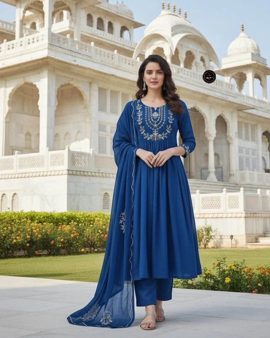 Royal Blue Cotton Anarkali Suit Set with Sequence Embroidery