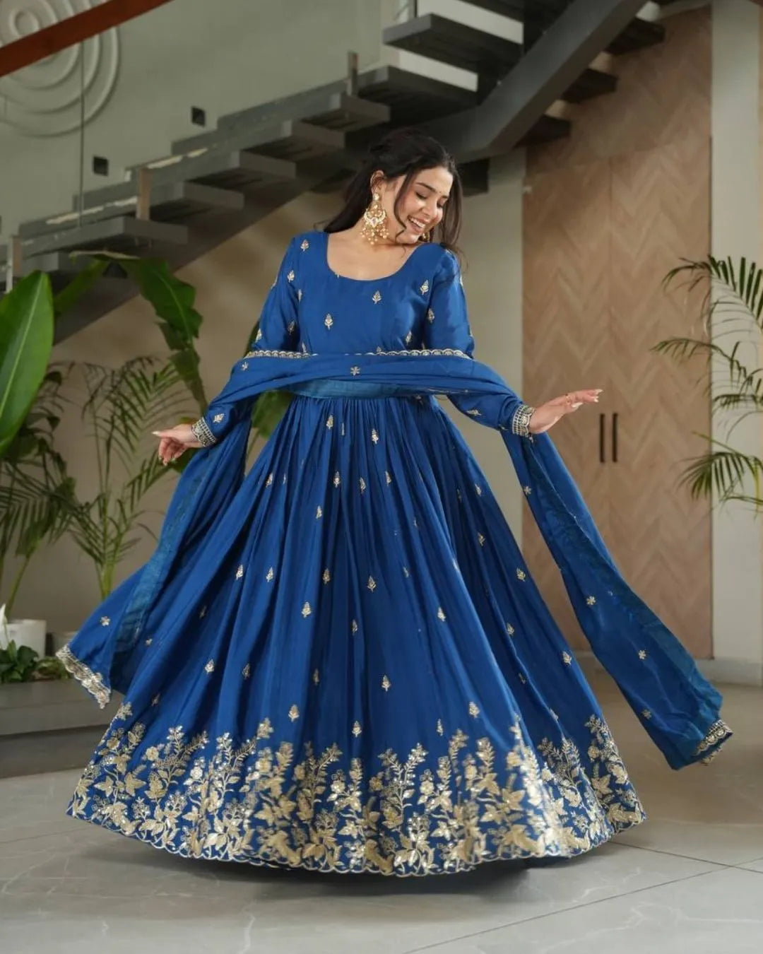 Royal Blue Anarkali Gown With Dupatta Set
