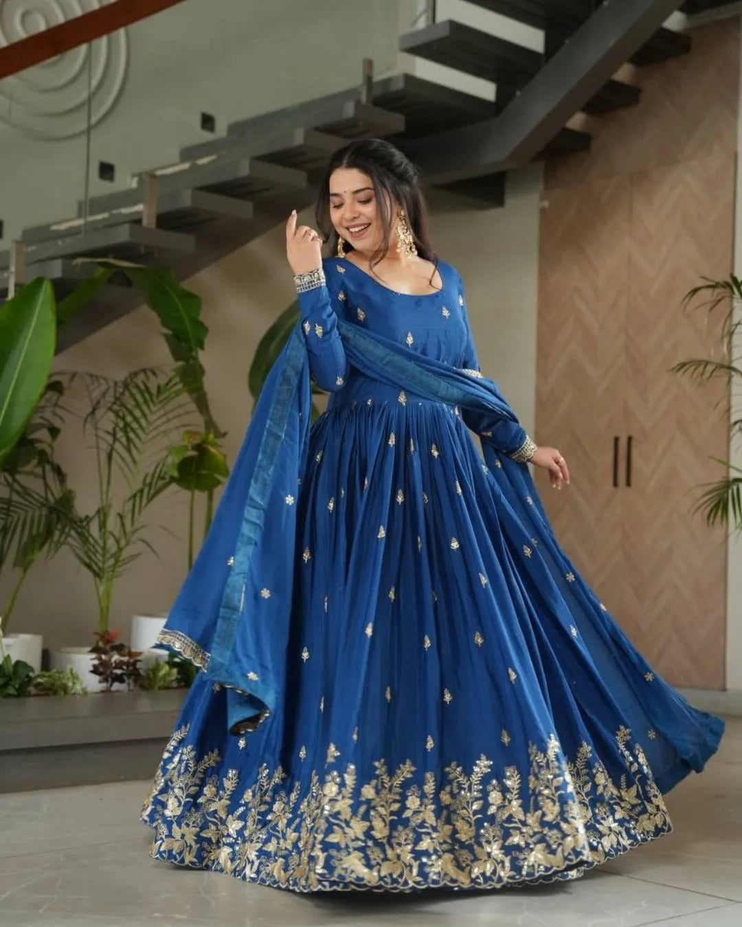 Royal Blue Anarkali Gown With Dupatta Set