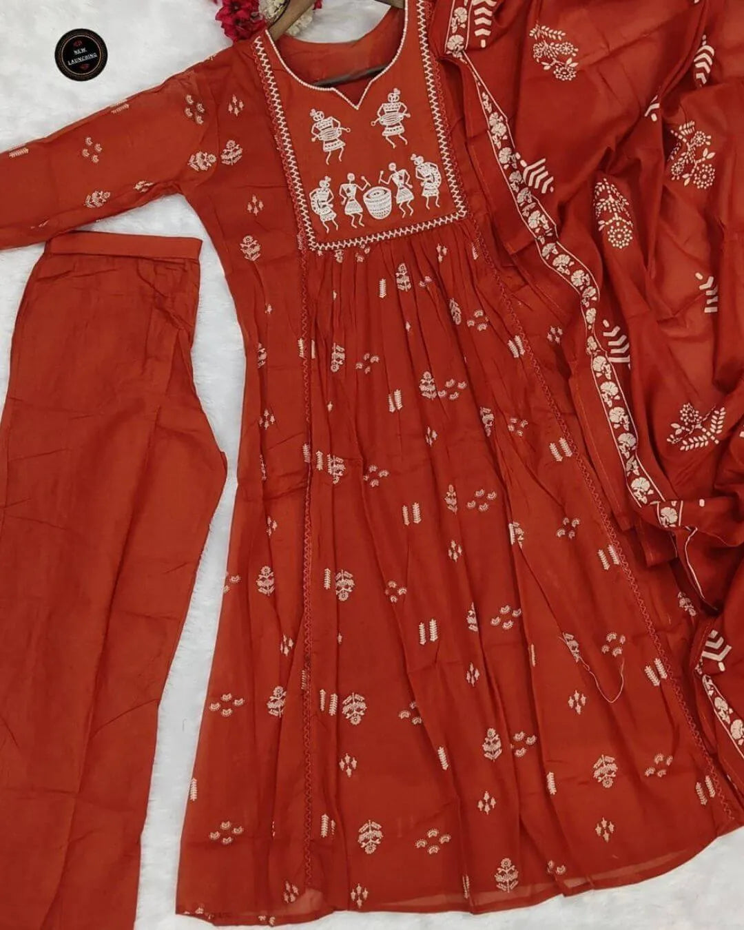 Orange Cotton Embroidered Anarkali Suit Set with Mal Dupatta