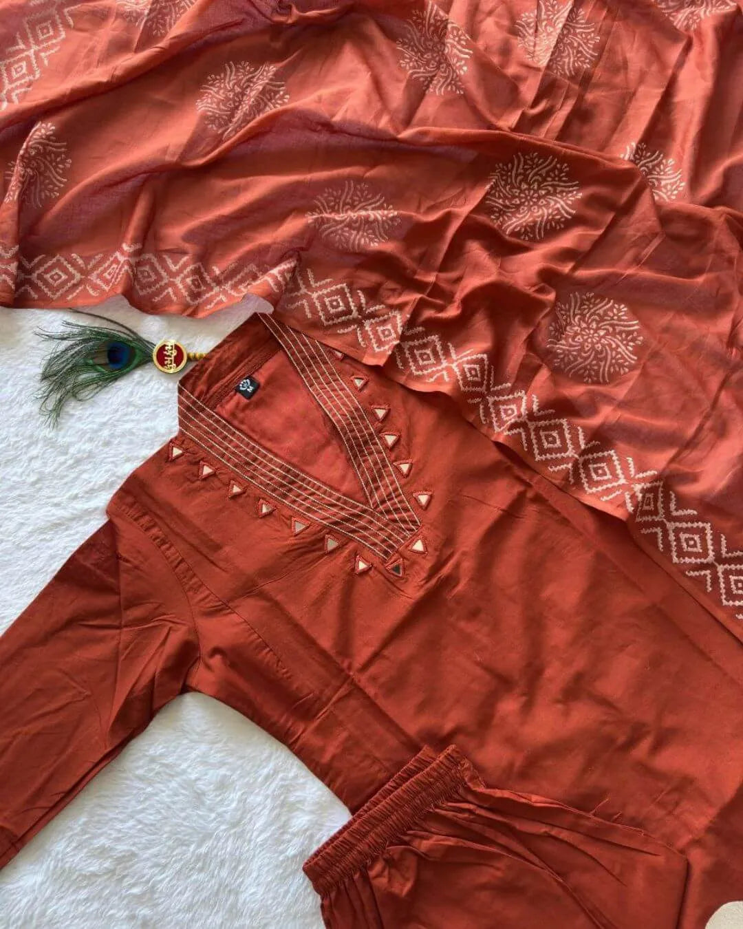 Mirror Work Orange Cotton Kurta Pant Dupatta Set