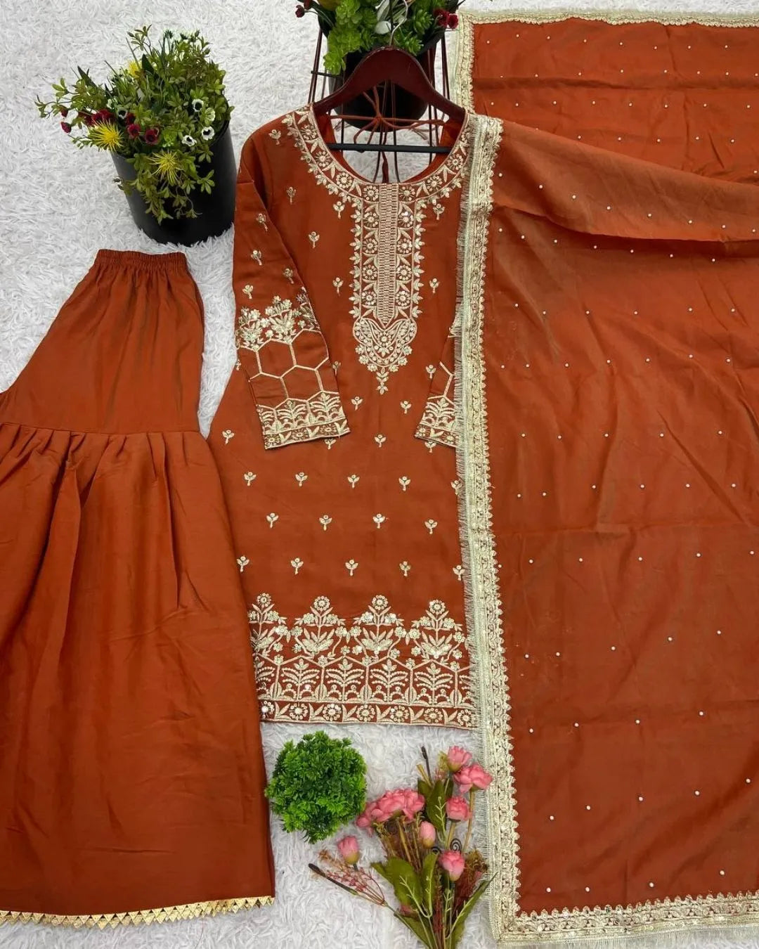 orange silk sharara suit