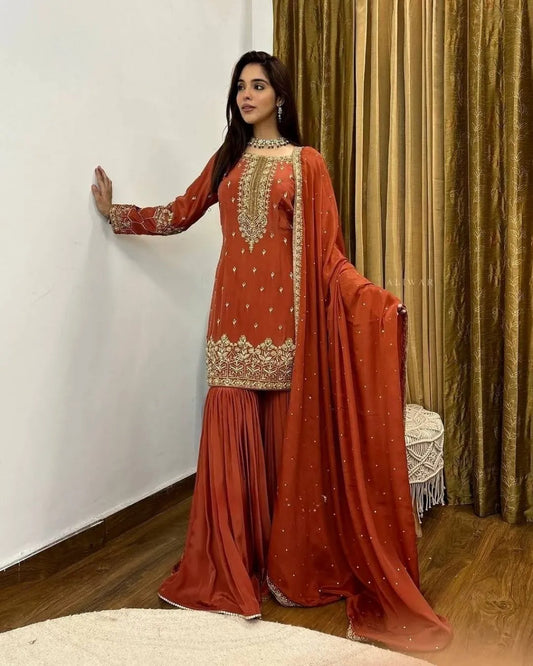 orange silk sharara suit