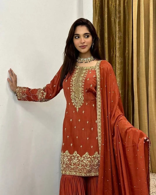 orange silk sharara suit