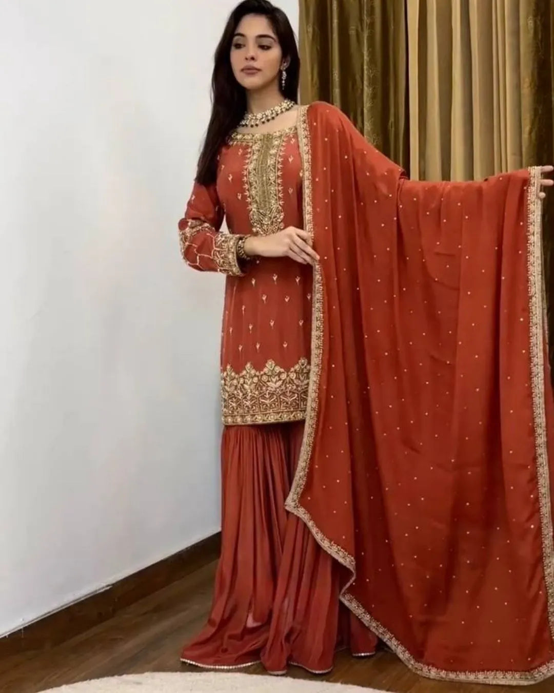 orange silk sharara suit