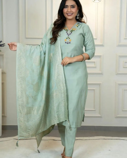 Sea Green Silk Salwar Suit With Dupatta Set