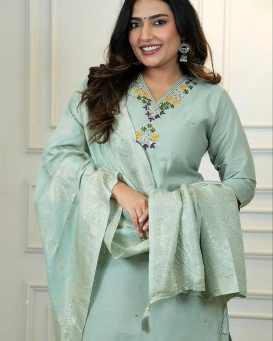 Sea Green Silk Salwar Suit With Dupatta Set
