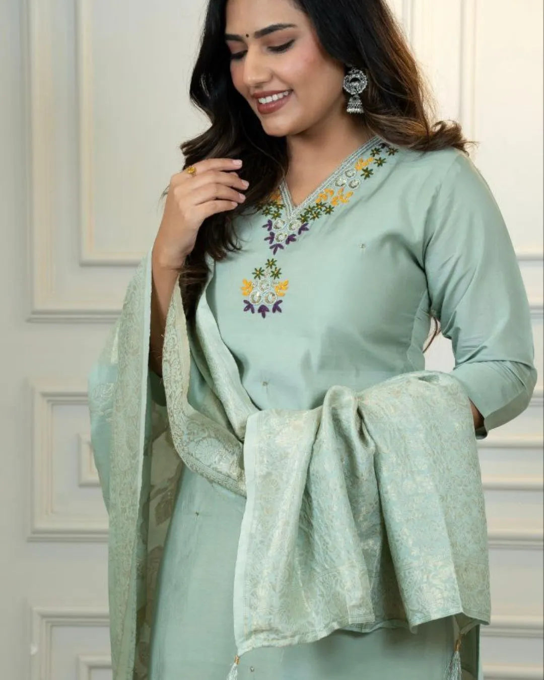 Sea Green Silk Salwar Suit With Dupatta Set