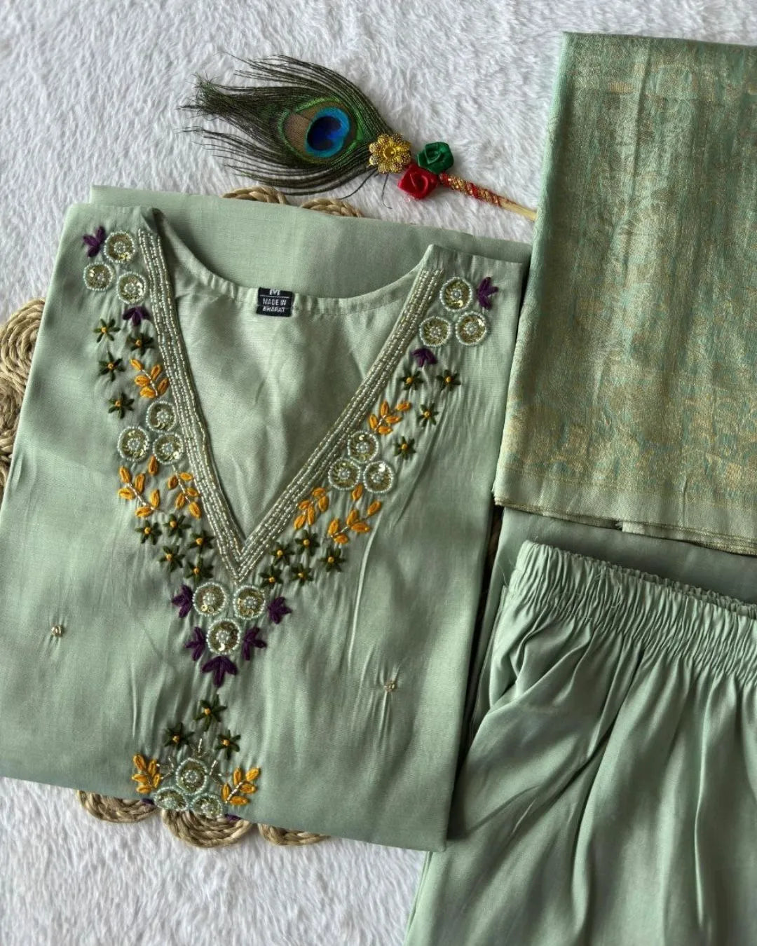 Sea Green Silk Salwar Suit With Dupatta Set