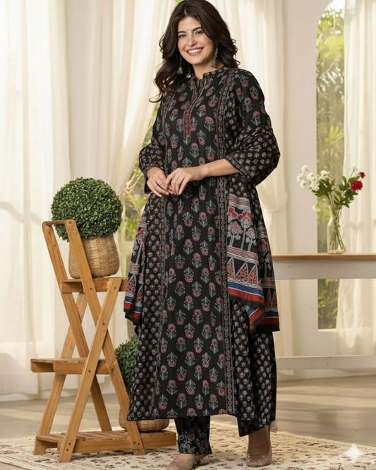 Woman wearing a black Anarkali kurti pant dupatta set standing in a bright room