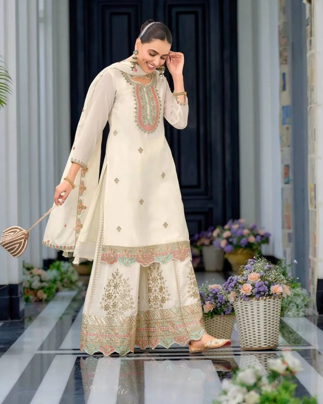 White Sharara Dress Embroidered With Dupatta Set