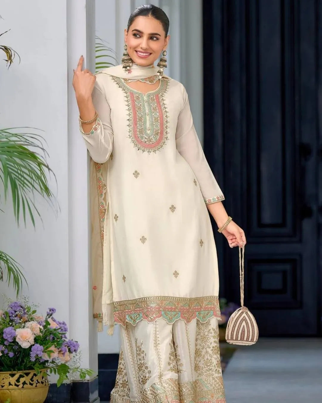 White Sharara Dress Embroidered With Dupatta Set
