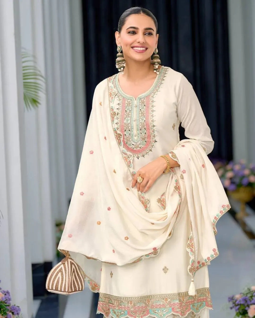 White Sharara Dress Embroidered With Dupatta Set