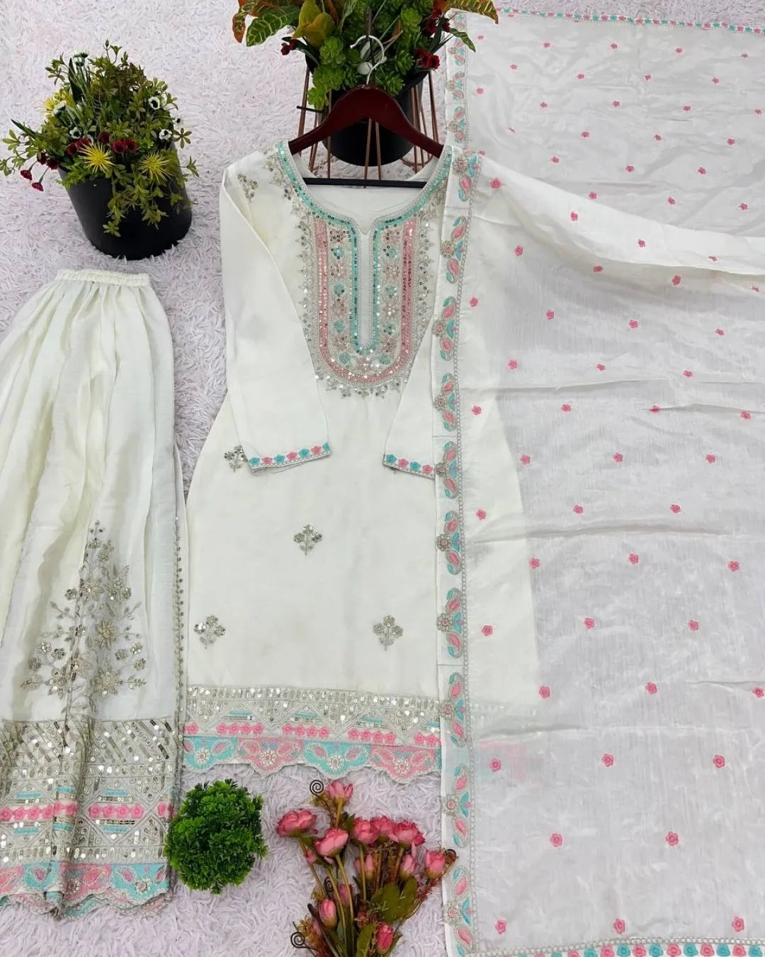 White Sharara Dress Embroidered With Dupatta Set