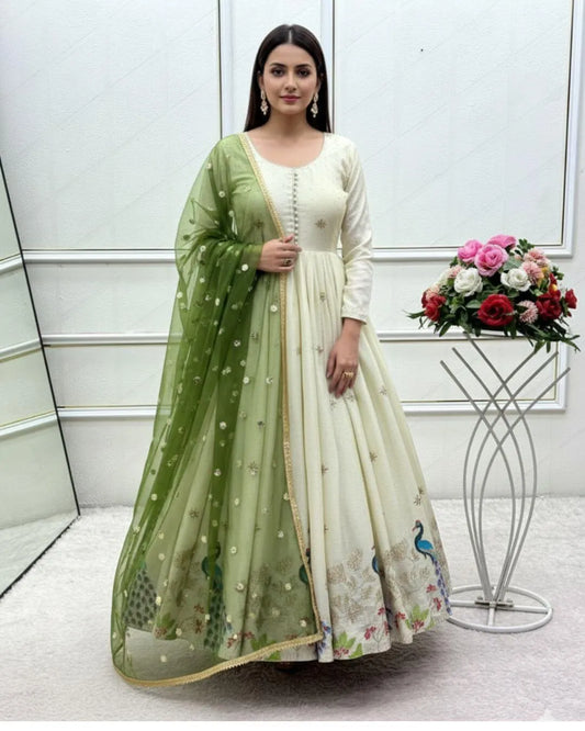 White Long Anarkali Dress With Green Dupatta
