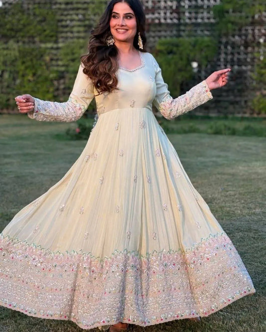 Party Wear White Anarkali Gown With Pant Dupatta