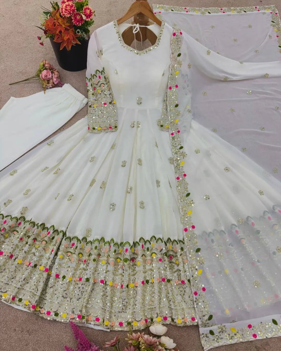 Party Wear White Anarkali Gown With Pant Dupatta