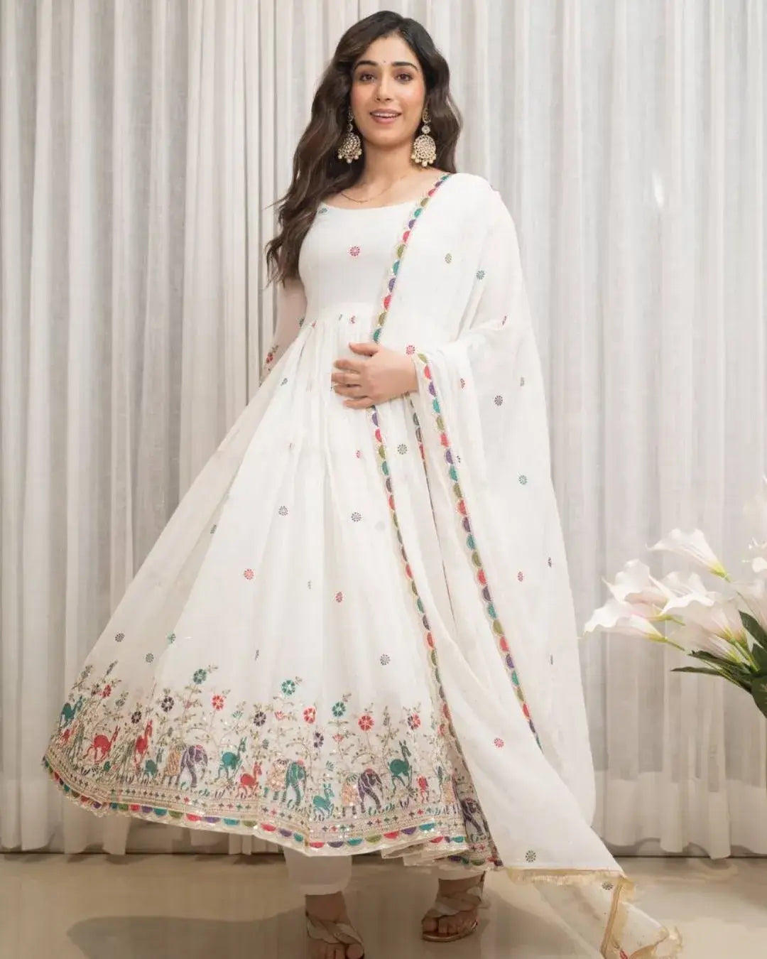 white anarkali salwar suit with dupatta