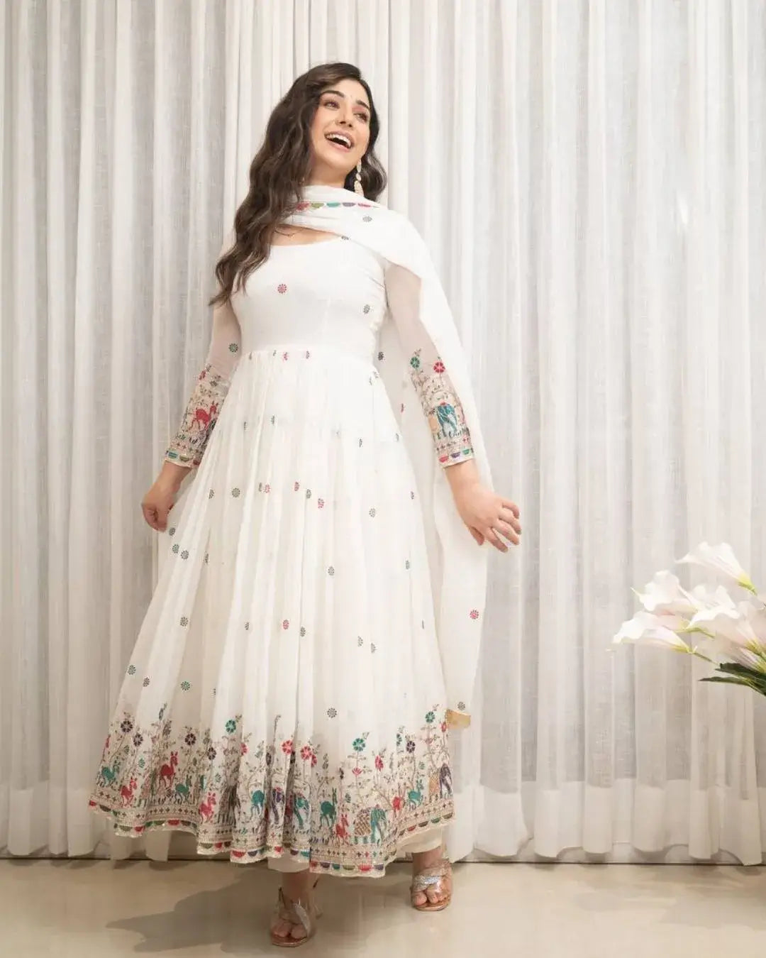 white anarkali salwar suit with dupatta Front side