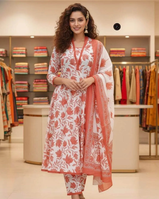 White Peach Floral Cotton Slub Anarkali Suit Set