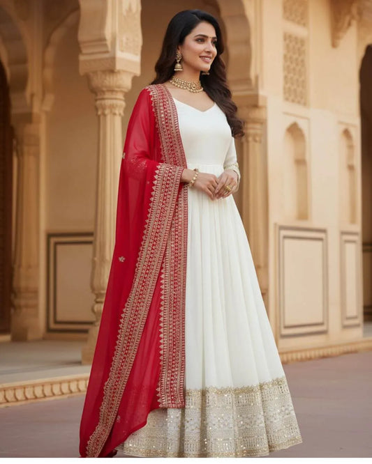 white anarkali dress with red dupatta